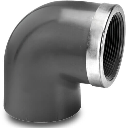 VDL Winkel 90° PVC-U 75 mm x 2 1/2" Klebemuffe x Innengewinde 10bar Grau mit Edelstahl Ring Typ verstärkt